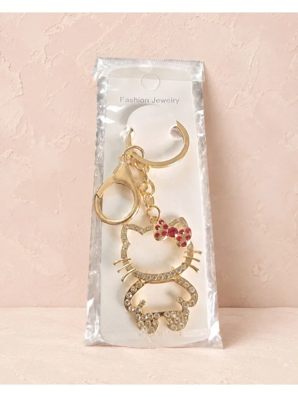 Gold Hello Kitty Keychain with Pink Bow 🎀 and Rhinestones